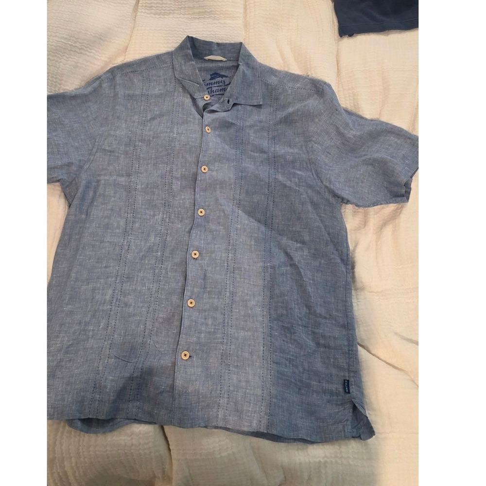 Tommy Bahama Mens Linen Blend Short Sleeve Button Up Shirt Blue Size L